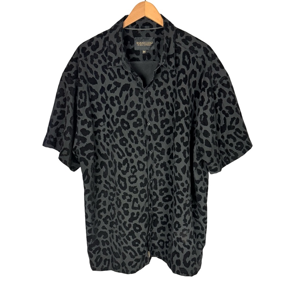 Baroque Gold Leopard Print Black Velvet Men’s Button Down Shirt 3XLT